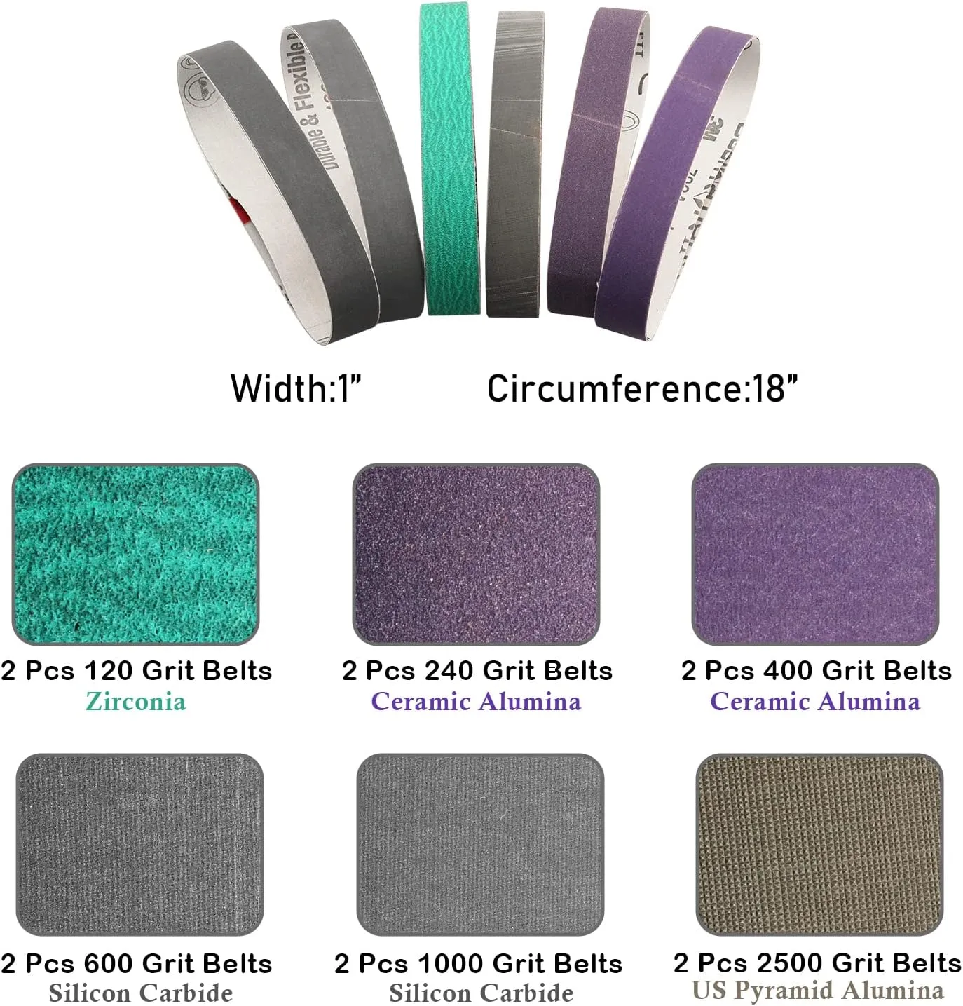 1 x 18 Inch Sanding Belts,Knife Sharpening Belt Kit Fits Work Sharp Blade Grinder Attachment of Ken Onion Edition Knife & Tool Sharpener,2 PCS Each of 120, 240, 400, 600,1000 2500 Grits,12-Pack