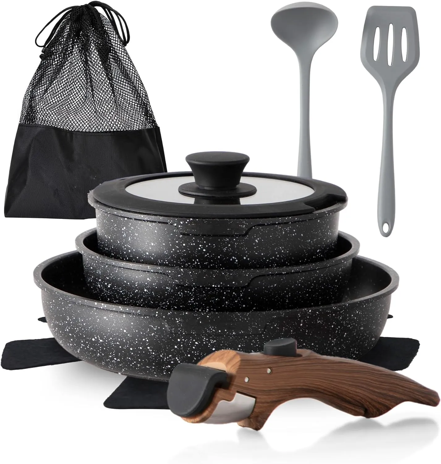 10 Pcs Pots and Pans Set Non Stick, Nonstick Kitchen Cookware Sets Detachable Handle, Induction Pots and Pans Set with Removable Handle, RV Cookware Set for Camping, Oven Safe, PFOS, PFOA Free, Black