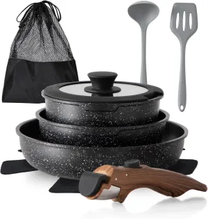 10 Pcs Pots and Pans Set Non Stick, Nonstick Kitchen Cookware Sets Detachable Handle, Induction Pots and Pans Set with Removable Handle, RV Cookware Set for Camping, Oven Safe, PFOS, PFOA Free, Black