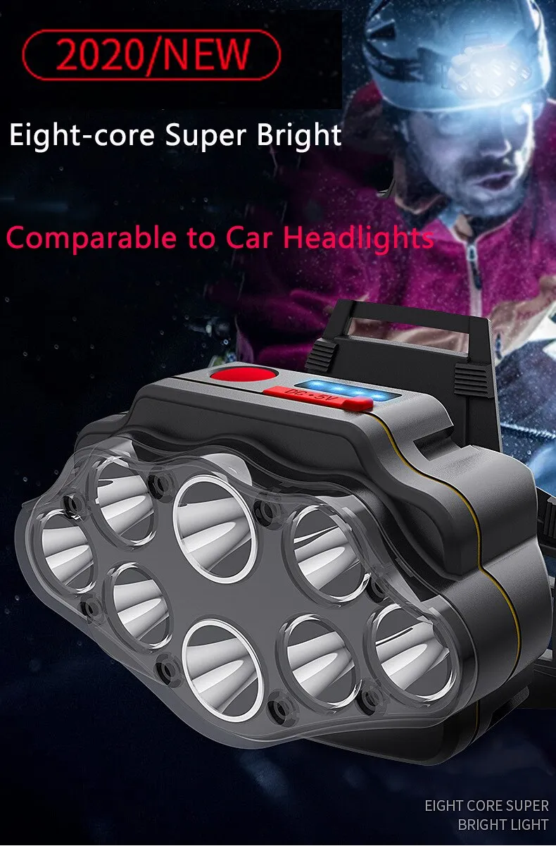 100000 lumens the brightest 8 LED waterproof headlight Built-in 2pcs 18650 battery USB rechargeable