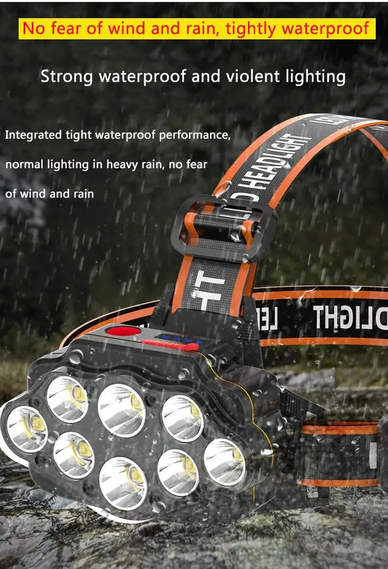 100000 lumens the brightest 8 LED waterproof headlight Built-in 2pcs 18650 battery USB rechargeable