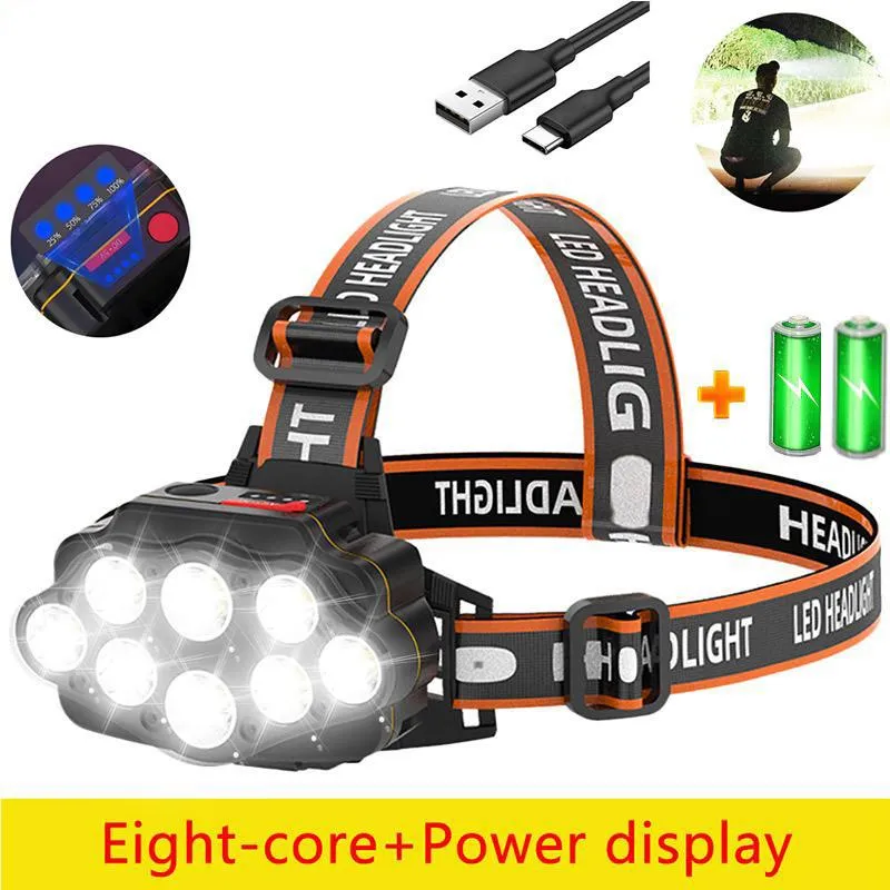 100000 lumens the brightest 8 LED waterproof headlight Built-in 2pcs 18650 battery USB rechargeable