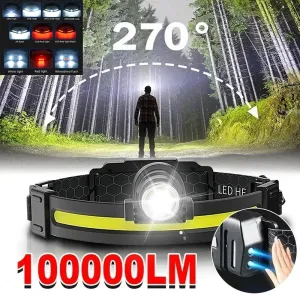 100000LM 7 Modes XPE COB Sensor 270¡ã Wide Angle Headlight Dual Light Head Torch High Power LED Headlamp