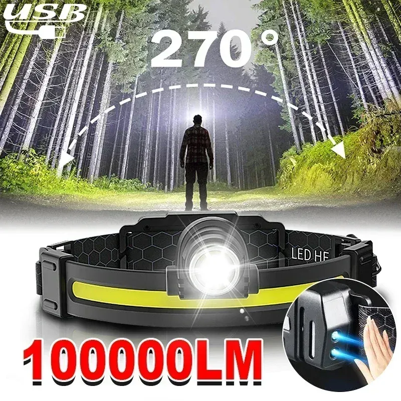 100000LM 7 Modes XPE COB Sensor 270¡ã Wide Angle Headlight Dual Light Head Torch High Power LED Headlamp