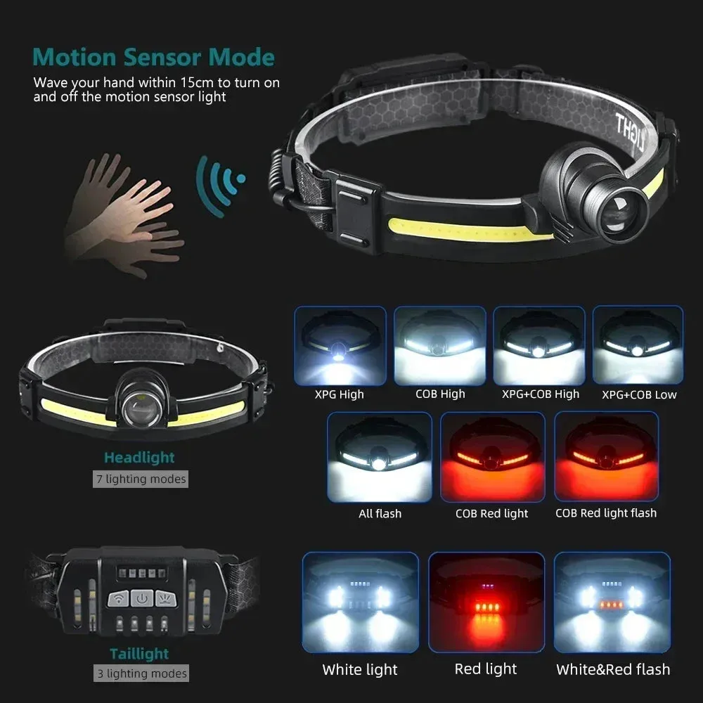 100000LM 7 Modes XPE COB Sensor 270¡ã Wide Angle Headlight Dual Light Head Torch High Power LED Headlamp