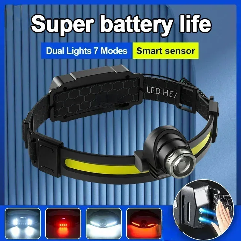 100000LM 7 Modes XPE COB Sensor 270¡ã Wide Angle Headlight Dual Light Head Torch High Power LED Headlamp