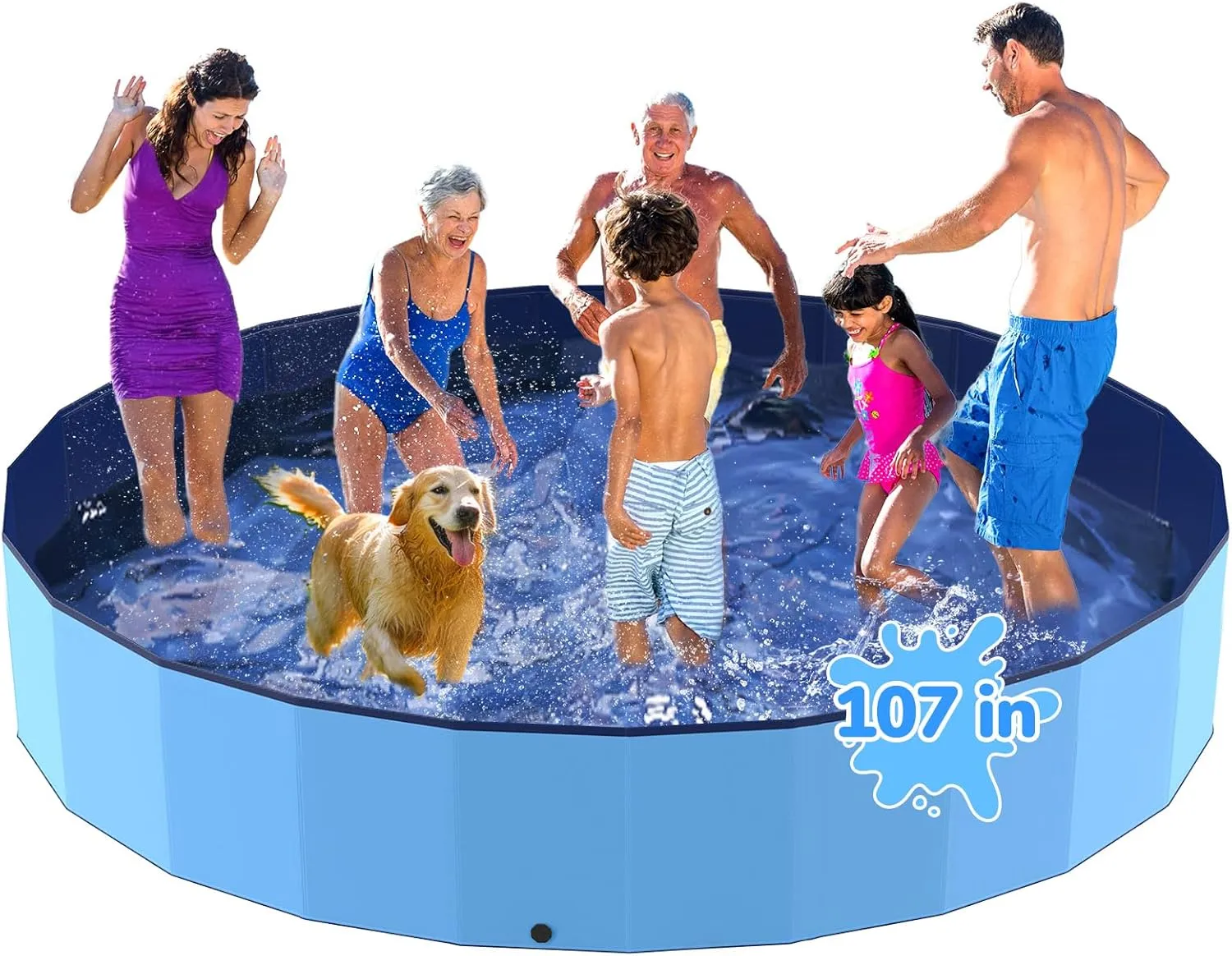 107'' Foldable Dog Pool, Kiddie Pool, Heavy Duty Non-Slip Plastic Pet Wading Pool for Large Dogs, Indoor and Outdoor Kids Pet Dog Bathtub