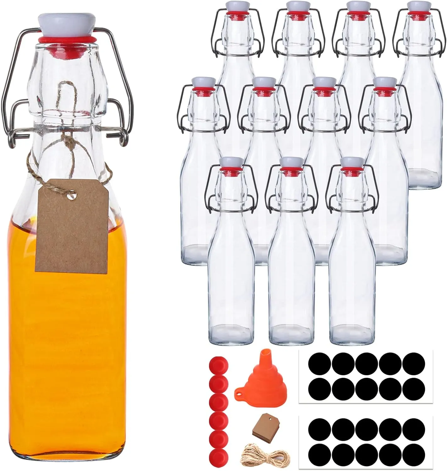 12 Pack 8.5oz Swing Top Glass Bottles, 250ML Square Bottles with Airtight Stoppers for Kombucha, Kefir, Vanilla Extract, Beer(Bonus Gaskets, Labels and Funnel)