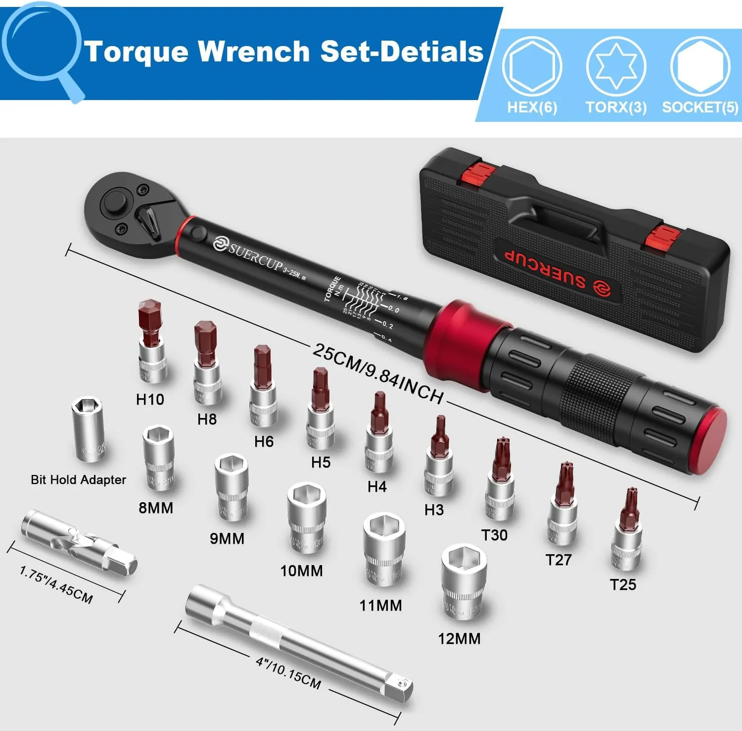 1/4-Inch Drive Click Torque Wrench, 18 PCS Bike Torque Wrench Set 3-25Nm, Dual-Direction Adjustable 72 Tooth Click Torque Wrench, Used for Bicycle Maintenance