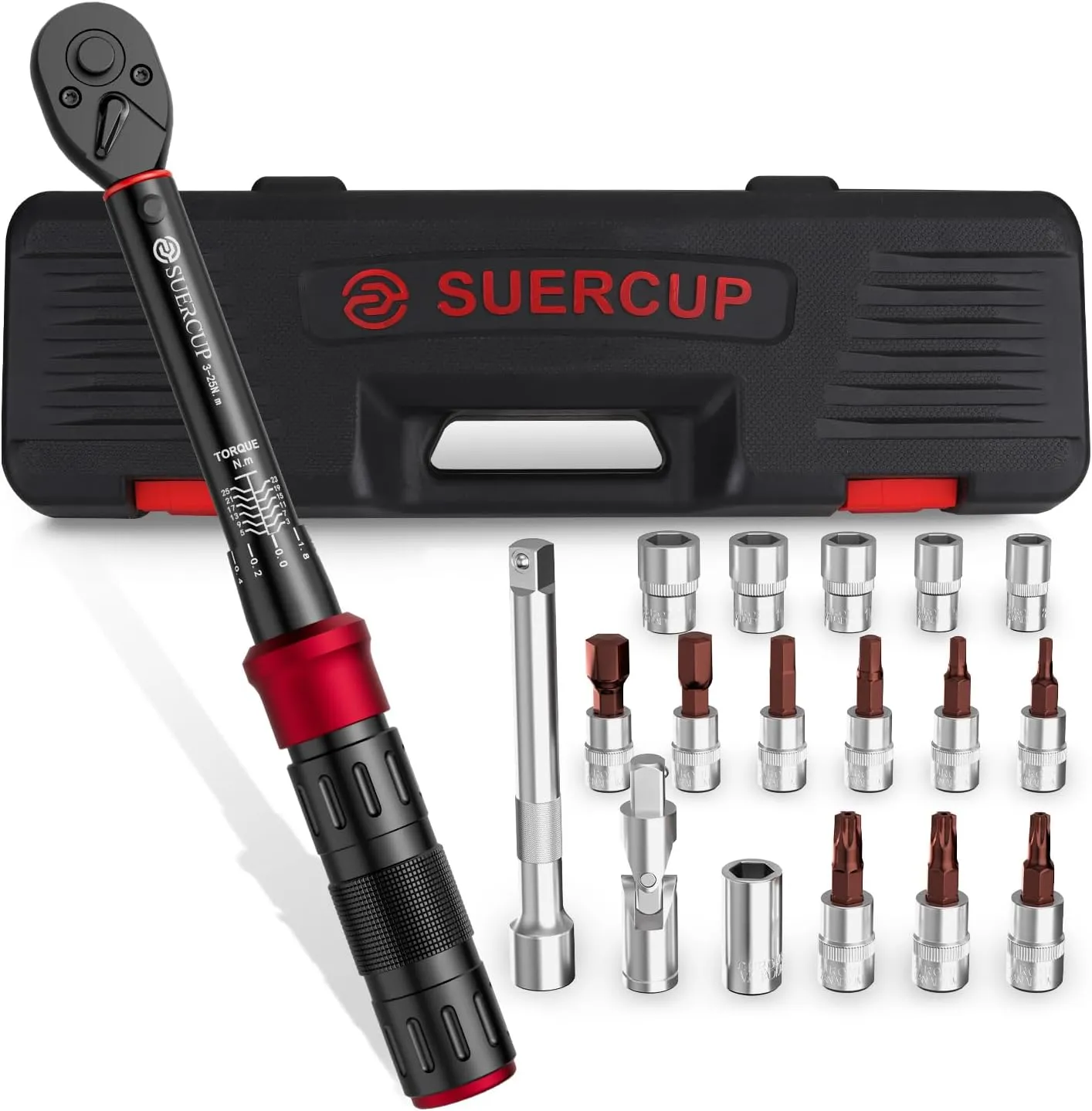 1/4-Inch Drive Click Torque Wrench, 18 PCS Bike Torque Wrench Set 3-25Nm, Dual-Direction Adjustable 72 Tooth Click Torque Wrench, Used for Bicycle Maintenance