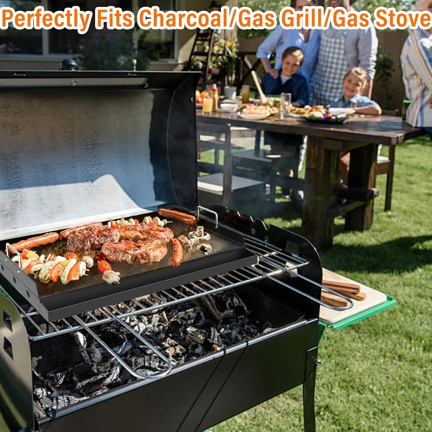 17＂×13＂ Nonstick Universal Griddle for Gas Grill, Muti-Purpose Cooking Cast Iron Griddle with Grease Groove, Pre-Seasoned Flat Top Plate Insert for Camping, Tailgating, Parties