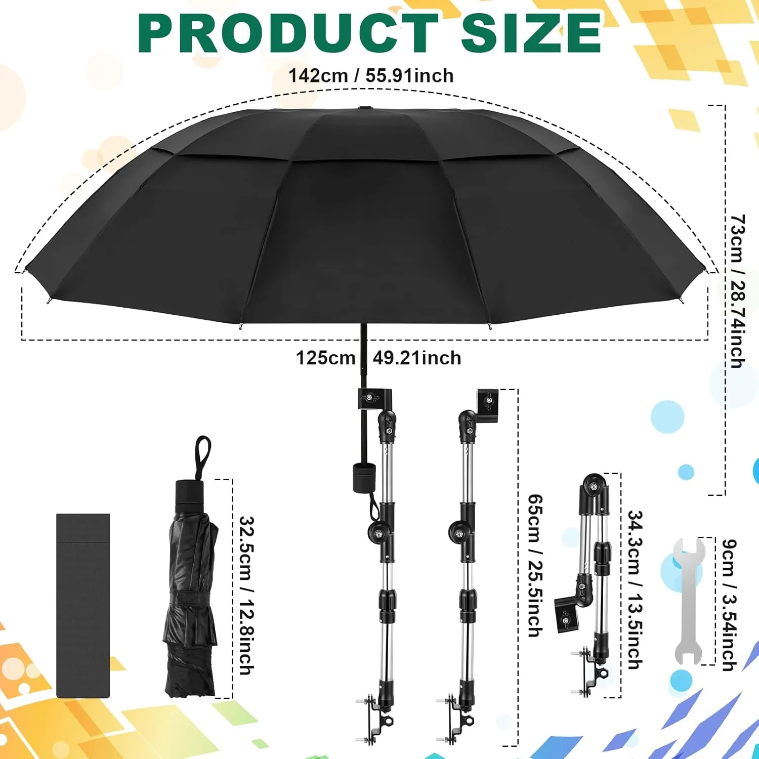 2 Pcs Large Double Canopy Beach Umbrella with Adjustable Clamp Inverted Golf Portable Compact Sun Umbrella for Chair Stroller Golf Cart Patio Fishing