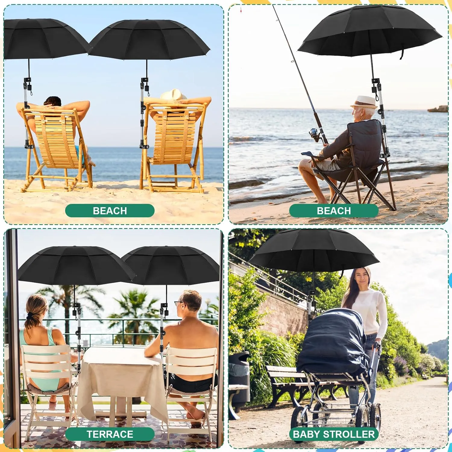 2 Pcs Large Double Canopy Beach Umbrella with Adjustable Clamp Inverted Golf Portable Compact Sun Umbrella for Chair Stroller Golf Cart Patio Fishing