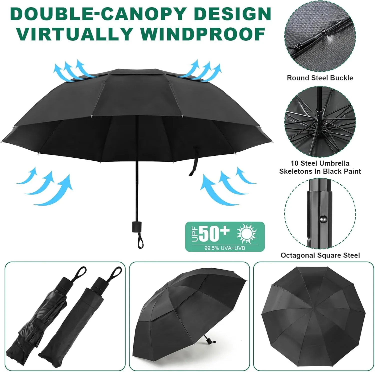 2 Pcs Large Double Canopy Beach Umbrella with Adjustable Clamp Inverted Golf Portable Compact Sun Umbrella for Chair Stroller Golf Cart Patio Fishing