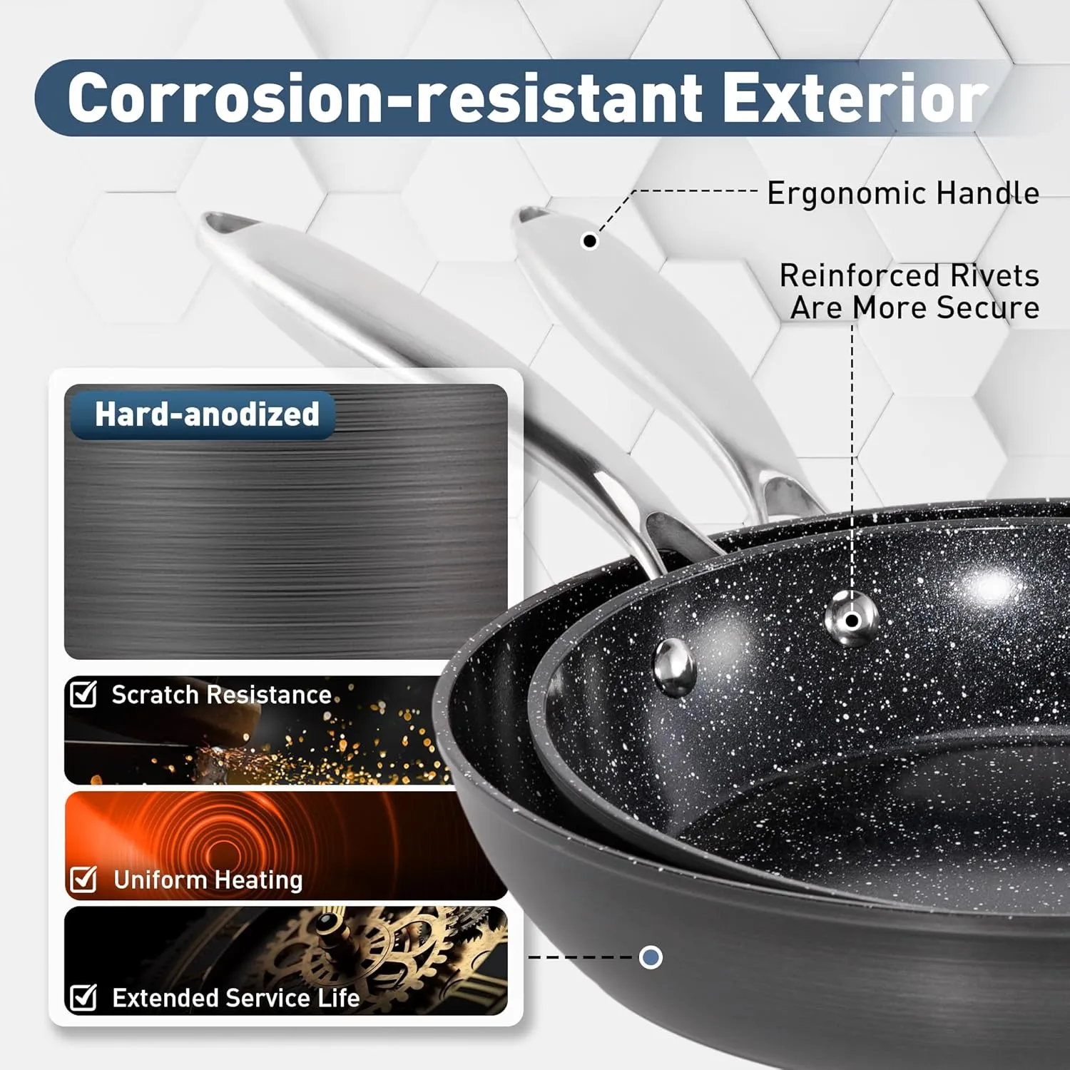 2 Piece Hard Anodized Non Stick Fry Pan Set, 9, 11 Inch Skillets Set, Induction Ceramic Frying Pans with Stay-Cool Handles, Pots and Pans Set Non Stick Ceramic, PFAS, PFOA-Free, Black