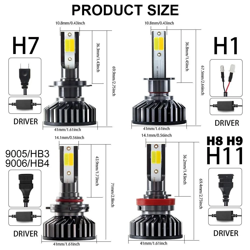 2 Pieces 3000K 6500K White Yellow H11 Led Headlight Bulbs Car H8 H9 H11 9005 HB3 9006 HB4 H7 H3 LED Fog Light Bulb LED Auto Lamp