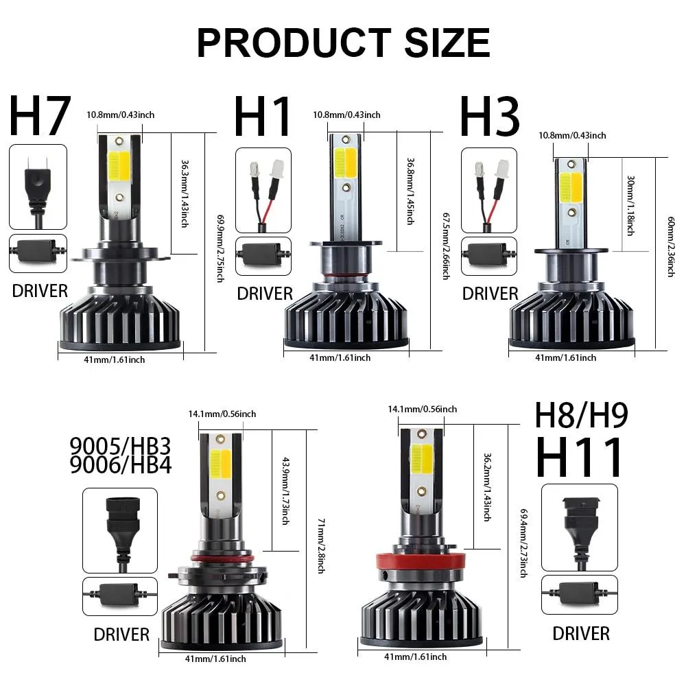 2 Pieces 3000K 6500K White Yellow H11 Led Headlight Bulbs Car H8 H9 H11 9005 HB3 9006 HB4 H7 H3 LED Fog Light Bulb LED Auto Lamp