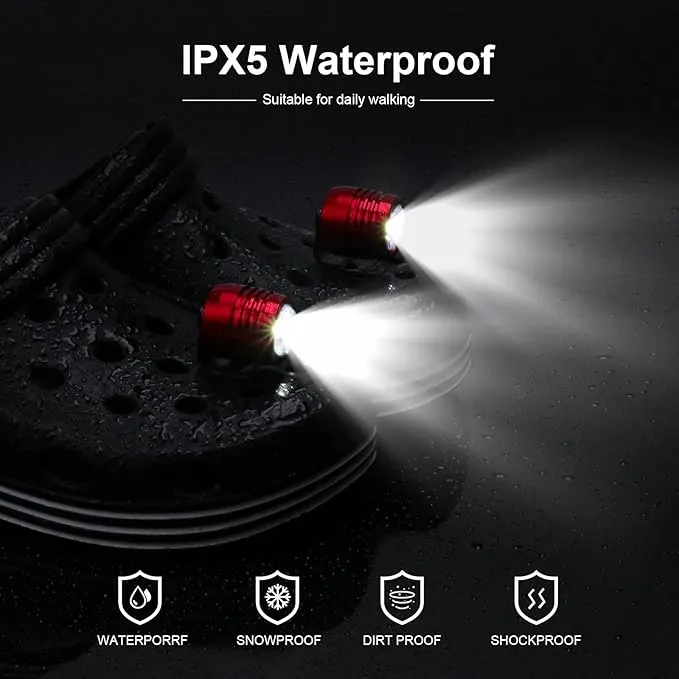 2 Rechargeable Headlights for Croc Charms, Flashlight Attachment Accessories Kids Girl Boy Women Men Sandals, Clip on Clog Headlamp Shoe Decoration Charms, Red