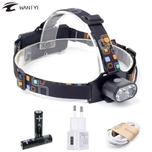 2* XML T6 Headlamp 8000LM 3 Mode LED Headlight Flashlight USB Rechargerable Head Lamp Torch Light Camping Lantern  18650 Battery
