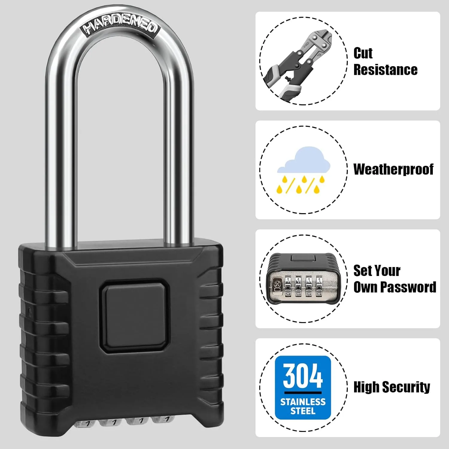 2.3in Long Shackle Combination Padlock, Diyife Large Heavy Duty Outdoor Padlock [One-Touch Unlocking] [Weatherproof] Design of Hidden Password, High Security for Locker, Gym, Garden, Fences