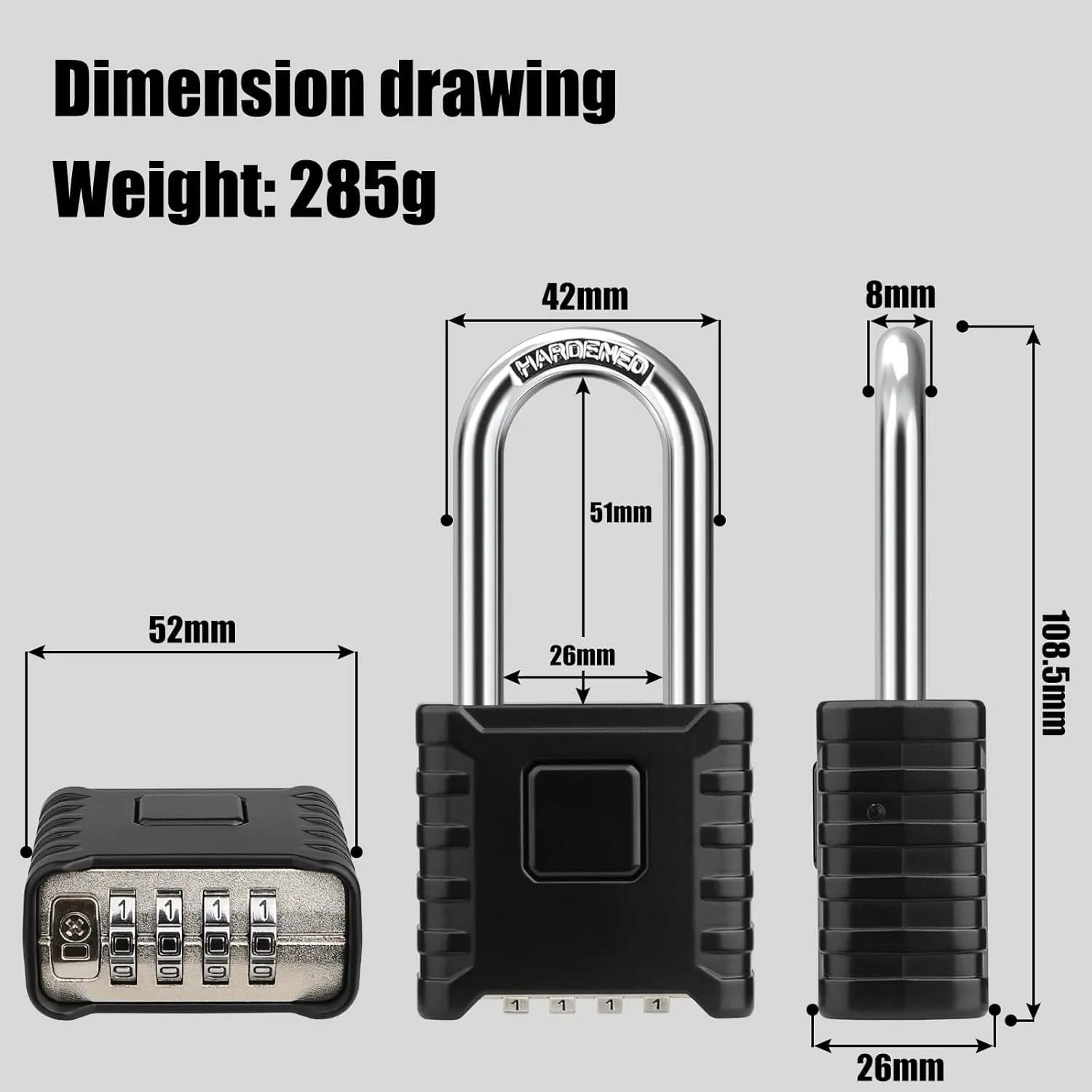 2.3in Long Shackle Combination Padlock, Diyife Large Heavy Duty Outdoor Padlock [One-Touch Unlocking] [Weatherproof] Design of Hidden Password, High Security for Locker, Gym, Garden, Fences