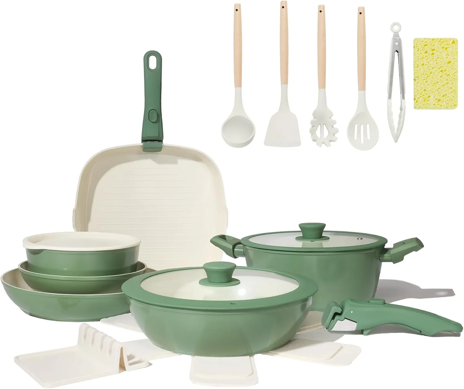 23pcs Ceramic Pots and Pans Set, Nonstick Detachable Handle Cookware, Induction Kitchen Cooking Set with Removable Handle,include Frying Pans & Saucepans Oven Safe(Green)