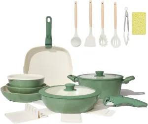 23pcs Ceramic Pots and Pans Set, Nonstick Detachable Handle Cookware, Induction Kitchen Cooking Set with Removable Handle,include Frying Pans & Saucepans Oven Safe(Green)