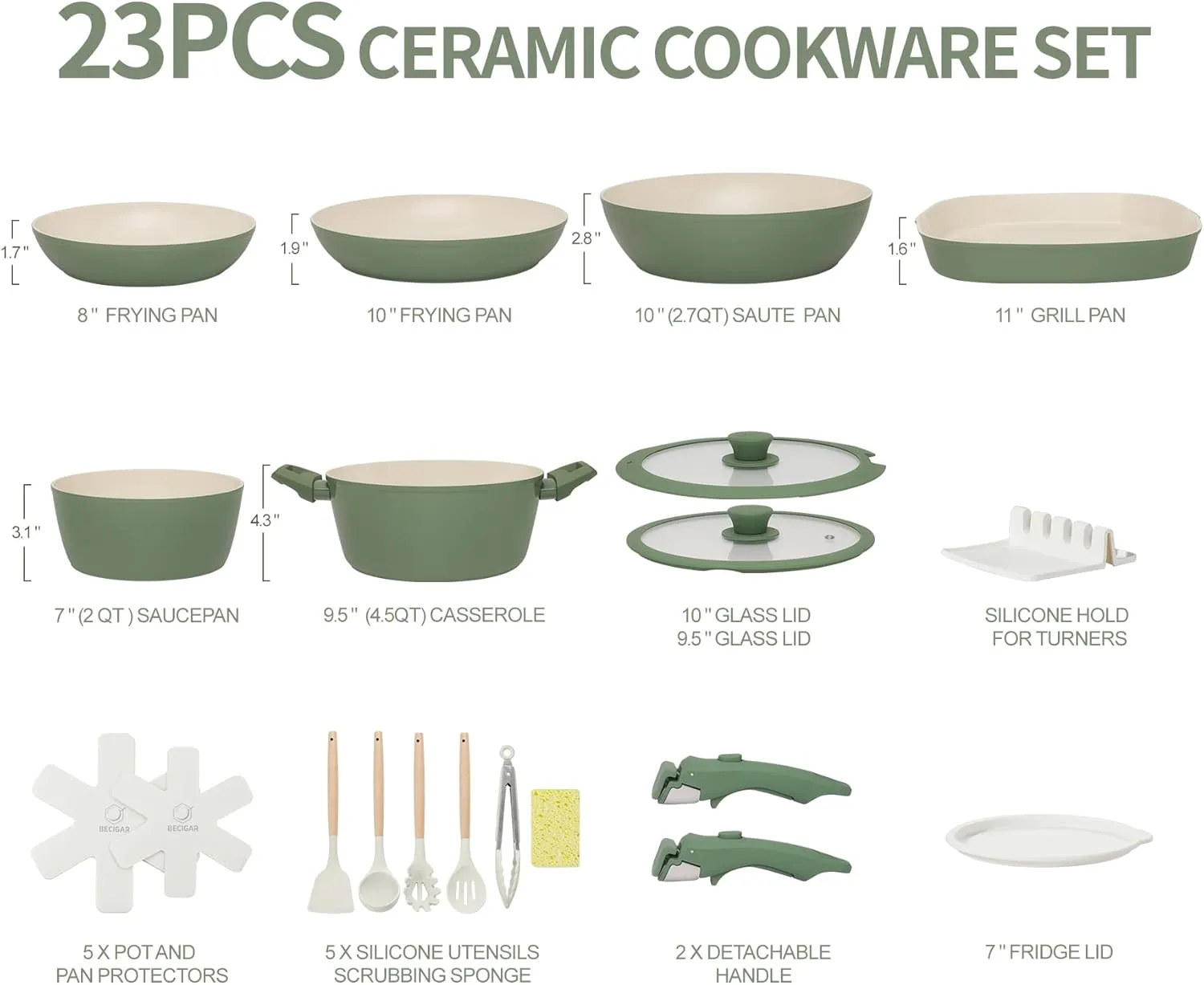 23pcs Ceramic Pots and Pans Set, Nonstick Detachable Handle Cookware, Induction Kitchen Cooking Set with Removable Handle,include Frying Pans & Saucepans Oven Safe(Green)