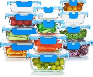 24 Pieces Glass Food Storage Containers Set,Glass Meal Prep Containers-Stackable Airtight Glass Storage Containers with lids,Freezer, Microwave, Oven Safe,Blue