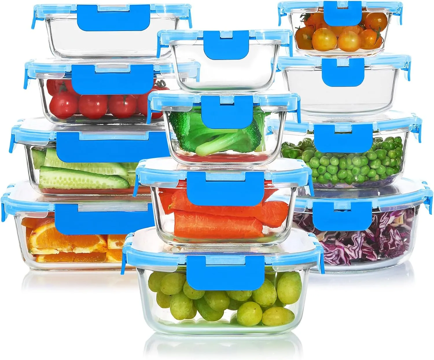 24 Pieces Glass Food Storage Containers Set,Glass Meal Prep Containers-Stackable Airtight Glass Storage Containers with lids,Freezer, Microwave, Oven Safe,Blue