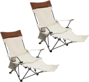 2Pcs Reclining Camping Chair, Portable Beach Lounge Chair with Cup Holder and Organize Bag, Adjustable Folding Comfortable Outdoor Chair for Home, Beach, Garden(White)