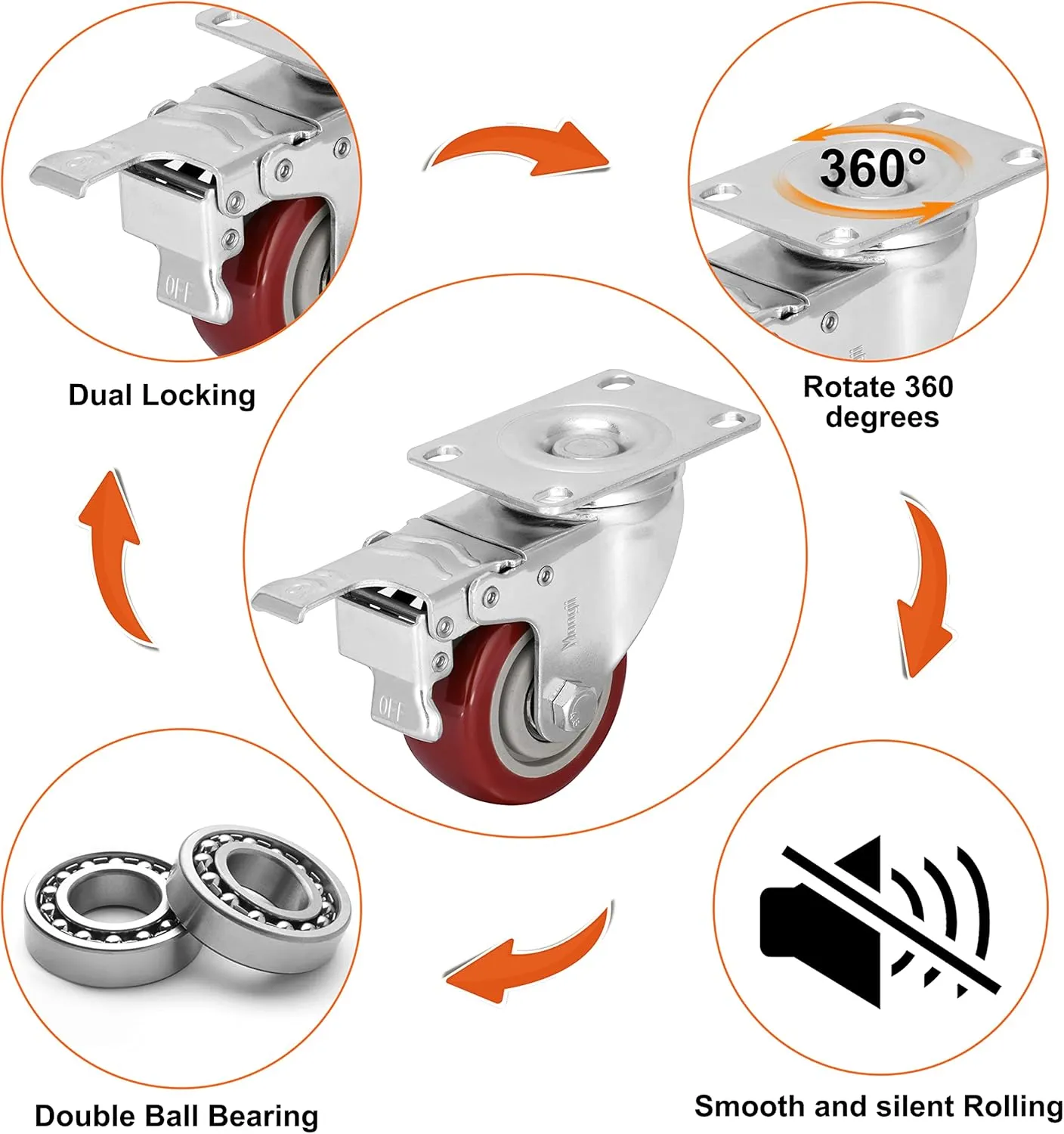 3 inch Heavy Duty Casters Load 1500lbs,Lockable Bearing Caster Wheels with Brakes,Swivel Casters for Furniture and Workbench，Set of 4 (Free Screws)