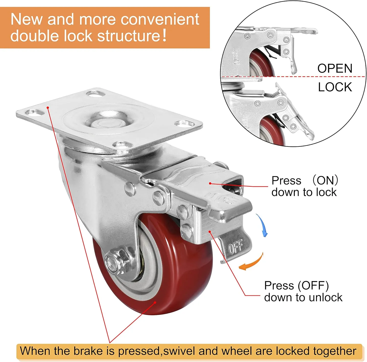 3 inch Heavy Duty Casters Load 1500lbs,Lockable Bearing Caster Wheels with Brakes,Swivel Casters for Furniture and Workbench，Set of 4 (Free Screws)