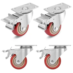 3 Inch Industrial Heavy Duty Swivel Caster Wheels with Brake,Set of 4 Safety Locking Casters,Load 1600lbs,Premium Polyurethane Wheels for Table,Trailer,Saw Table,Stage Toolbox,Bed,Corn Board (Red)