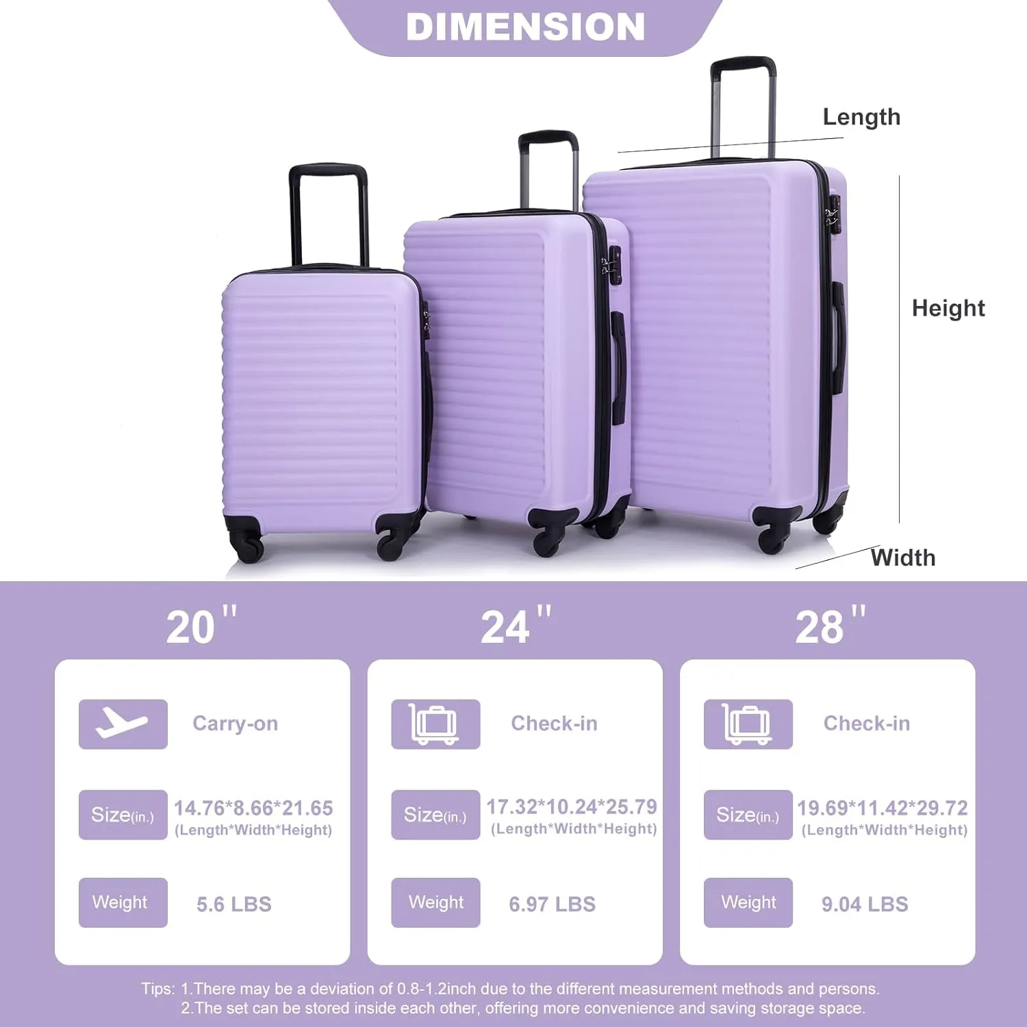 3 Piece Hardshell Luggage Sets Lightweight Suitcase with 2 Hooks, 360 Degree Spinner Wheels, TSA Lock for Travel (20"/24"/28") Lavender Purple As Shown One Size
