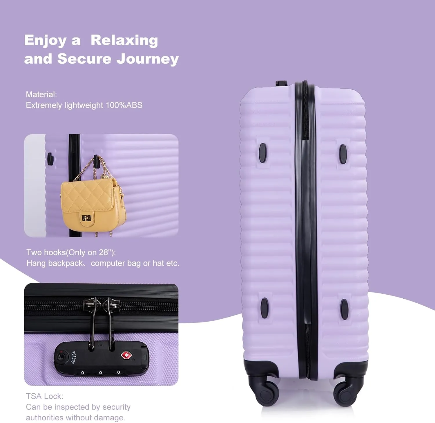 3 Piece Hardshell Luggage Sets Lightweight Suitcase with 2 Hooks, 360 Degree Spinner Wheels, TSA Lock for Travel (20"/24"/28") Lavender Purple As Shown One Size