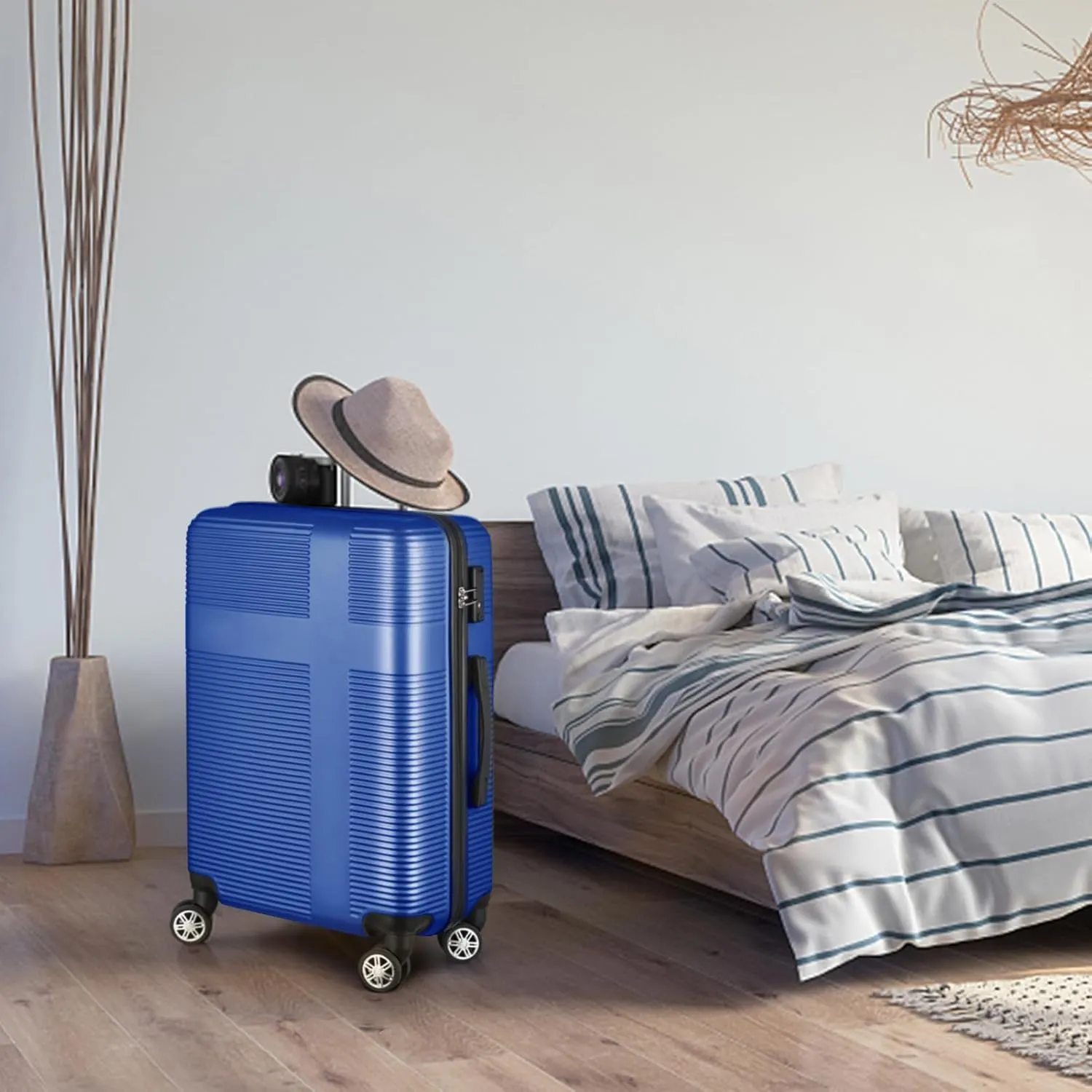 3 Piece Luggage Set with TSA Lock, Durable Lightweight Cross Stripe Suitcase Hardshell Luggage Set with Hooks and 360 Degree Spinner Wheels (20in/24in/28in) Blue As Shown One Size