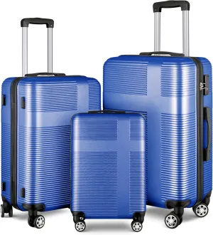 3 Piece Luggage Set with TSA Lock, Durable Lightweight Cross Stripe Suitcase Hardshell Luggage Set with Hooks and 360 Degree Spinner Wheels (20in/24in/28in) Blue As Shown One Size