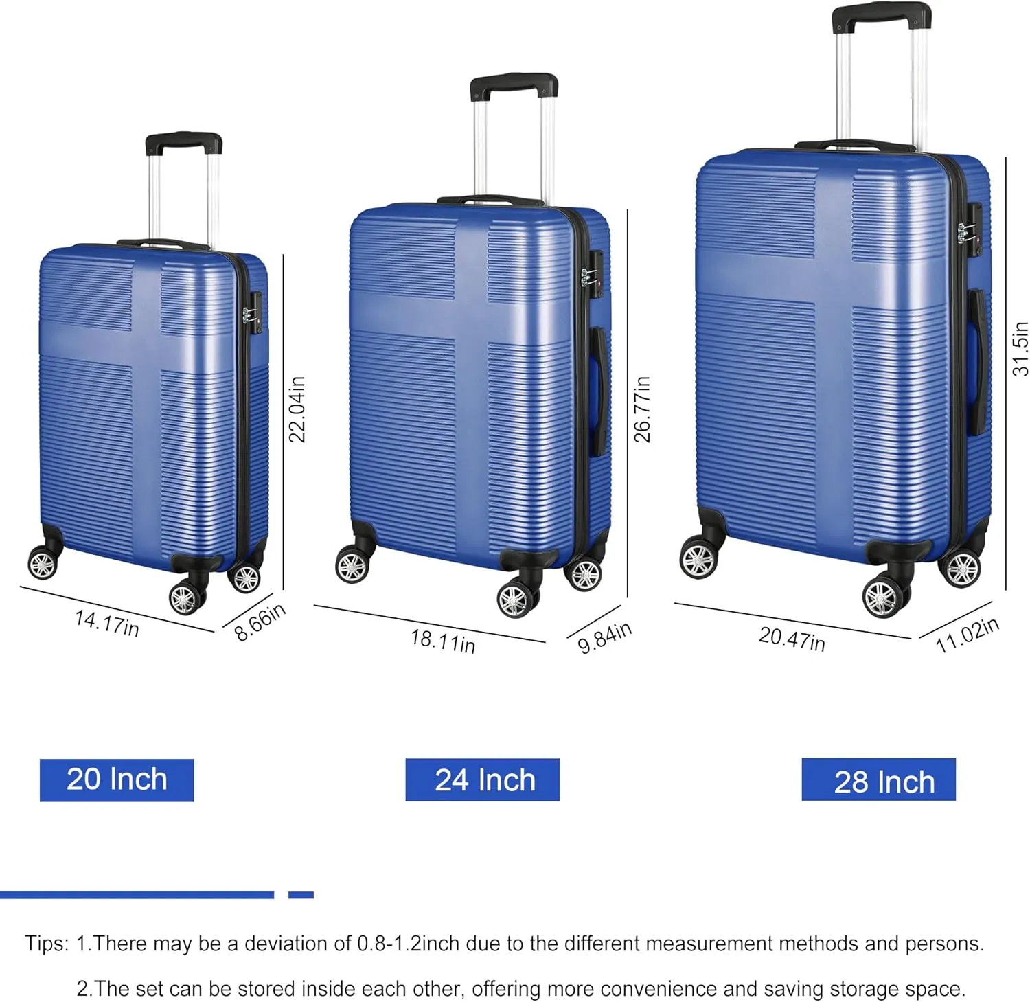 3 Piece Luggage Set with TSA Lock, Durable Lightweight Cross Stripe Suitcase Hardshell Luggage Set with Hooks and 360 Degree Spinner Wheels (20in/24in/28in) Blue As Shown One Size
