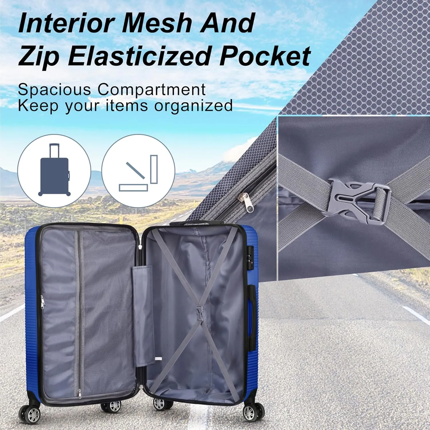 3 Piece Luggage Set with TSA Lock, Durable Lightweight Cross Stripe Suitcase Hardshell Luggage Set with Hooks and 360 Degree Spinner Wheels (20in/24in/28in) Blue As Shown One Size