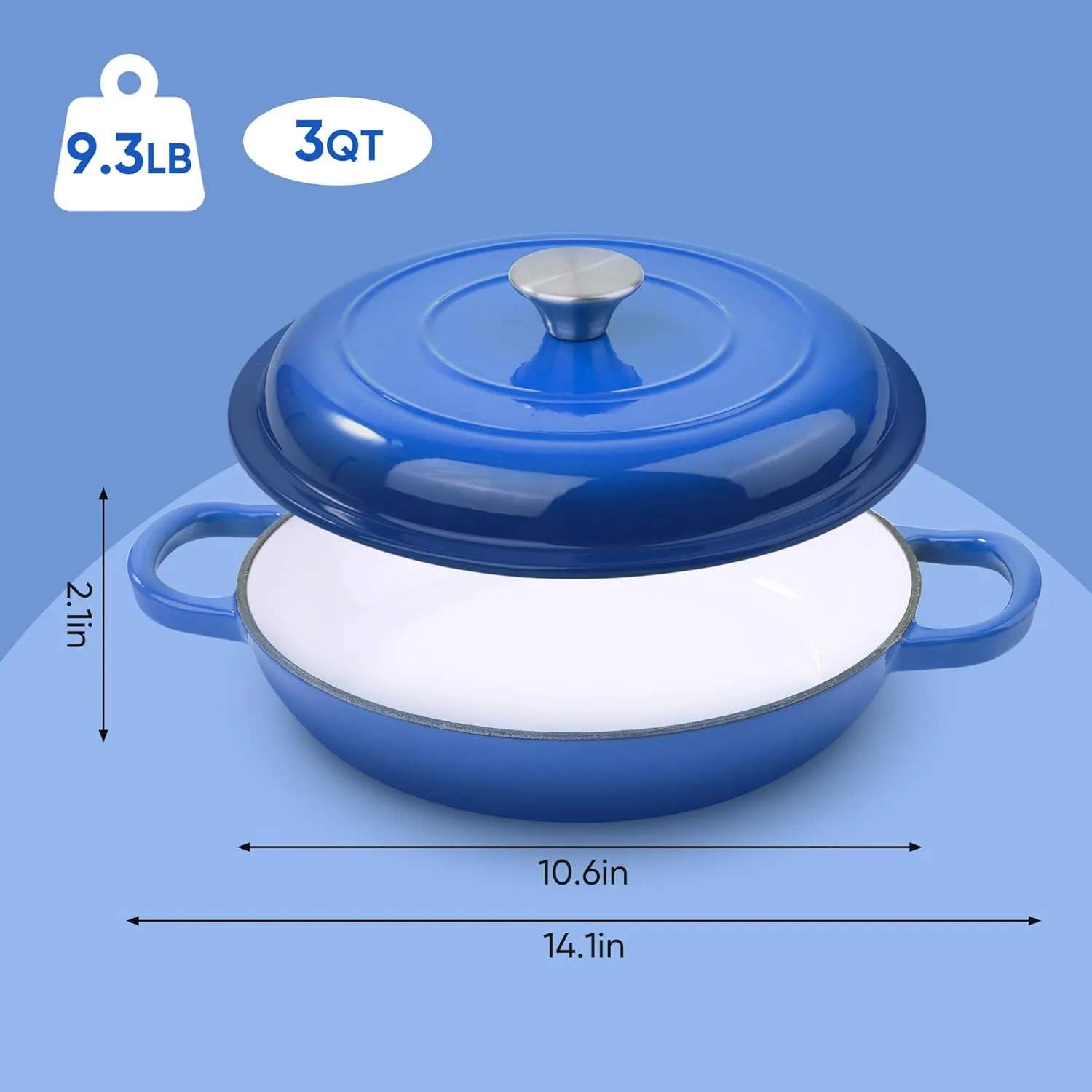 3 Quart Enameled Shallow Cast Iron Dutch Oven with Lid, Dual Handles Dutch Pots for Cooking, Stewing, Heavy-Duty & Nonstick, Oven Safe up to 500° F, Works on All Stovetops, Dark Blue