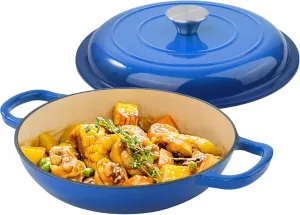 3 Quart Enameled Shallow Cast Iron Dutch Oven with Lid, Dual Handles Dutch Pots for Cooking, Stewing, Heavy-Duty & Nonstick, Oven Safe up to 500° F, Works on All Stovetops, Dark Blue