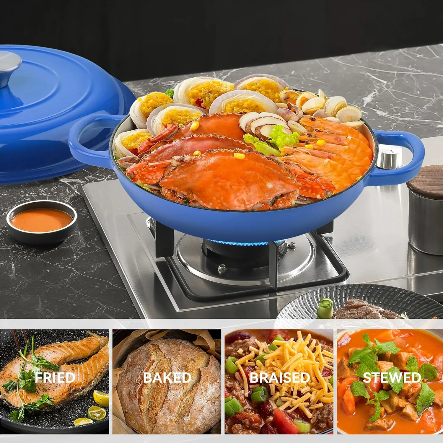 3 Quart Enameled Shallow Cast Iron Dutch Oven with Lid, Dual Handles Dutch Pots for Cooking, Stewing, Heavy-Duty & Nonstick, Oven Safe up to 500° F, Works on All Stovetops, Dark Blue