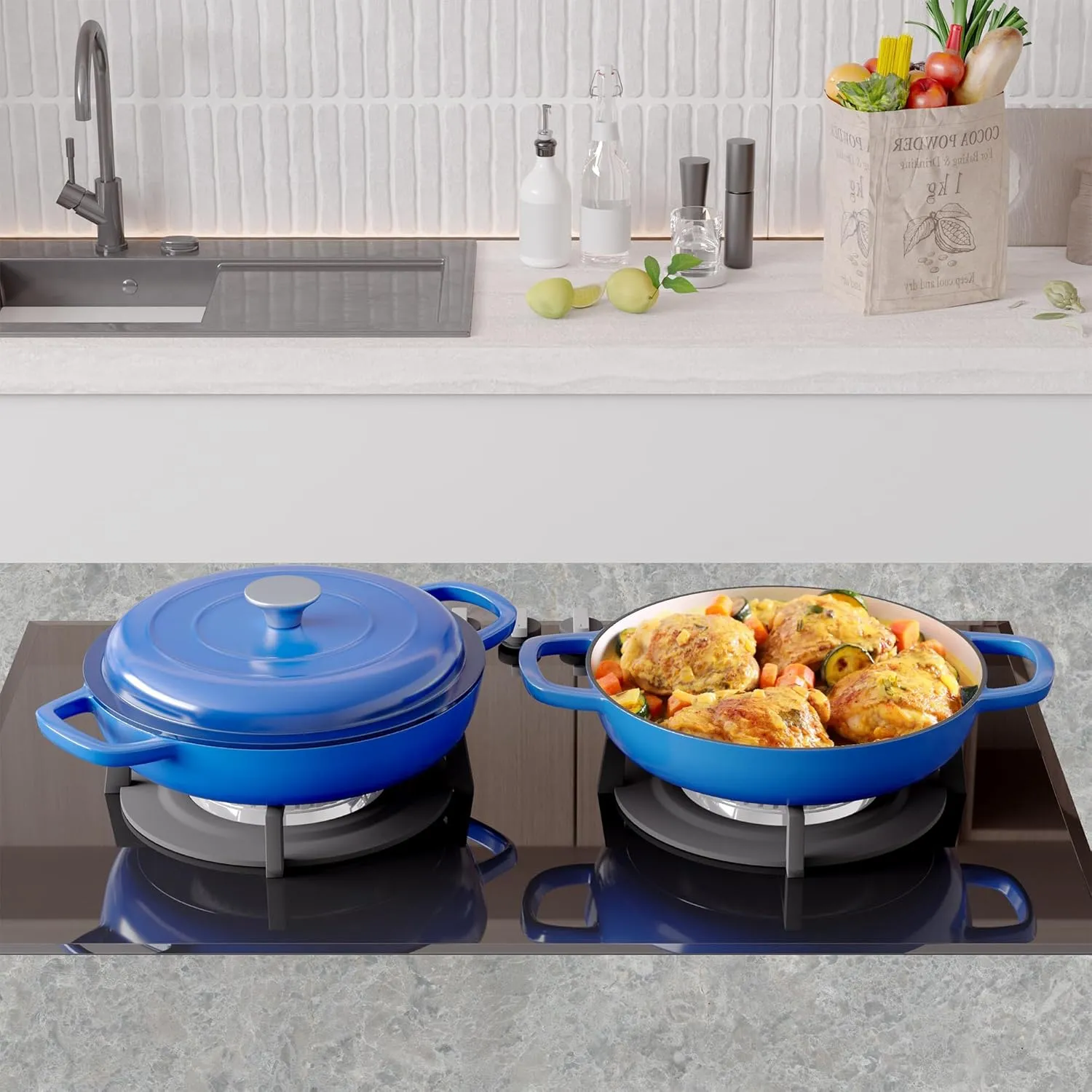 3 Quart Enameled Shallow Cast Iron Dutch Oven with Lid, Dual Handles Dutch Pots for Cooking, Stewing, Heavy-Duty & Nonstick, Oven Safe up to 500° F, Works on All Stovetops, Dark Blue