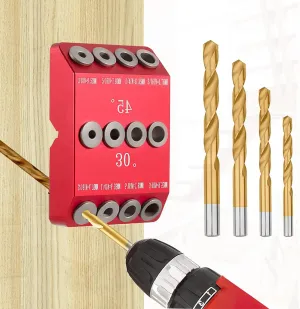 30 45 90° Angle Drill Guide Jig with 4 Size Bits, Portable Pocket All-Metal Drilling Jig for Straight and Angled Holes, Cable Railing Lag Screw Kit Wood Post, Railing Deck Stair Handrail