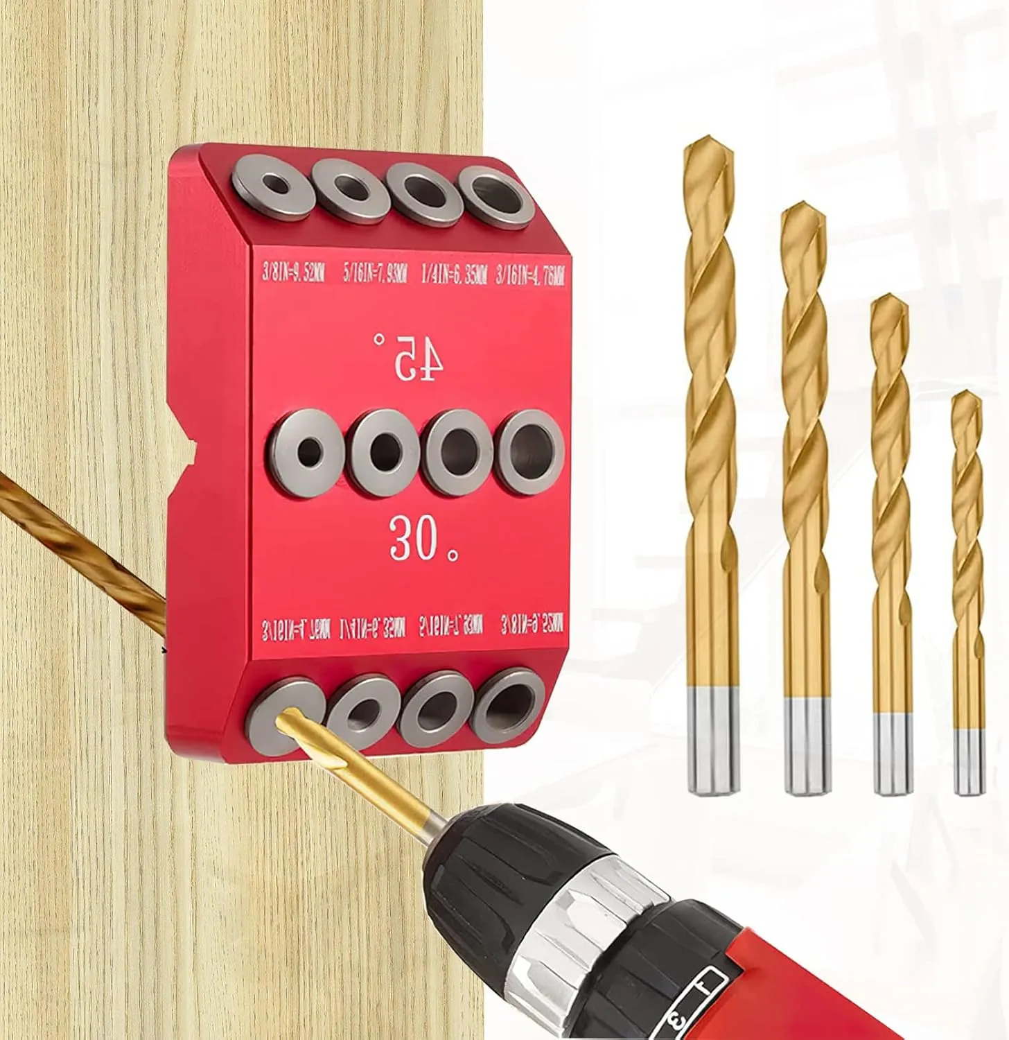 30 45 90° Angle Drill Guide Jig with 4 Size Bits, Portable Pocket All-Metal Drilling Jig for Straight and Angled Holes, Cable Railing Lag Screw Kit Wood Post, Railing Deck Stair Handrail