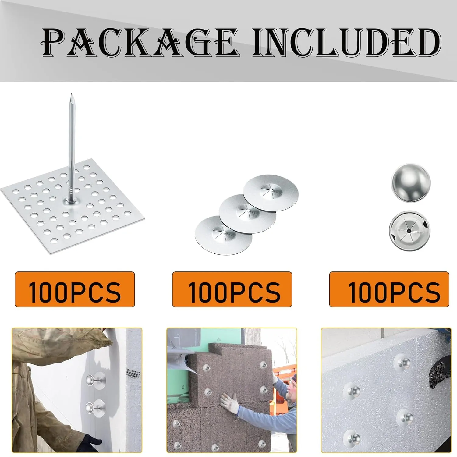 300pcs/100set Perforated Insulation Pins, 1.5 Inch Self Locking Round Insulation, Aluminum Insulation Hangers Cap Washers, for Foam Board Wall Floor Ceiling (300pcs)