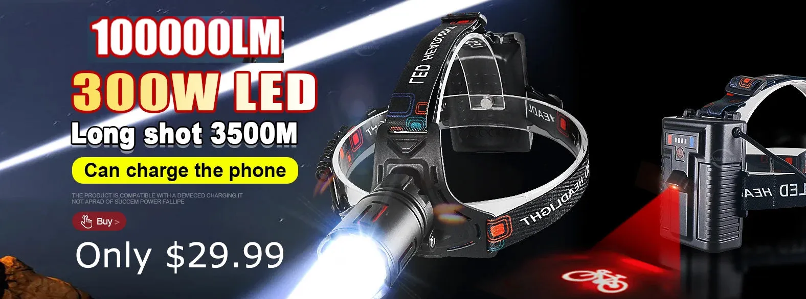 300W 100000LM Zoom White Laser LED Headlamp With 3pcs 18650 Rechargeable Batteries Super Bright 3500m Long Range Alloy Headlamp Power Bank Tail Light with Bike Graphics