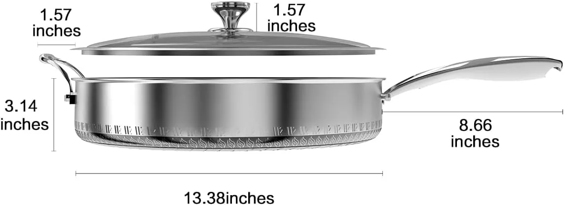 316L Stainless Steel 8QT Frying Pan Hexagon Nonstick Wok with Lid,Single Handle to Hold, PFOA Free, Dishwasher Oven Safe (8QT/Single Handle)