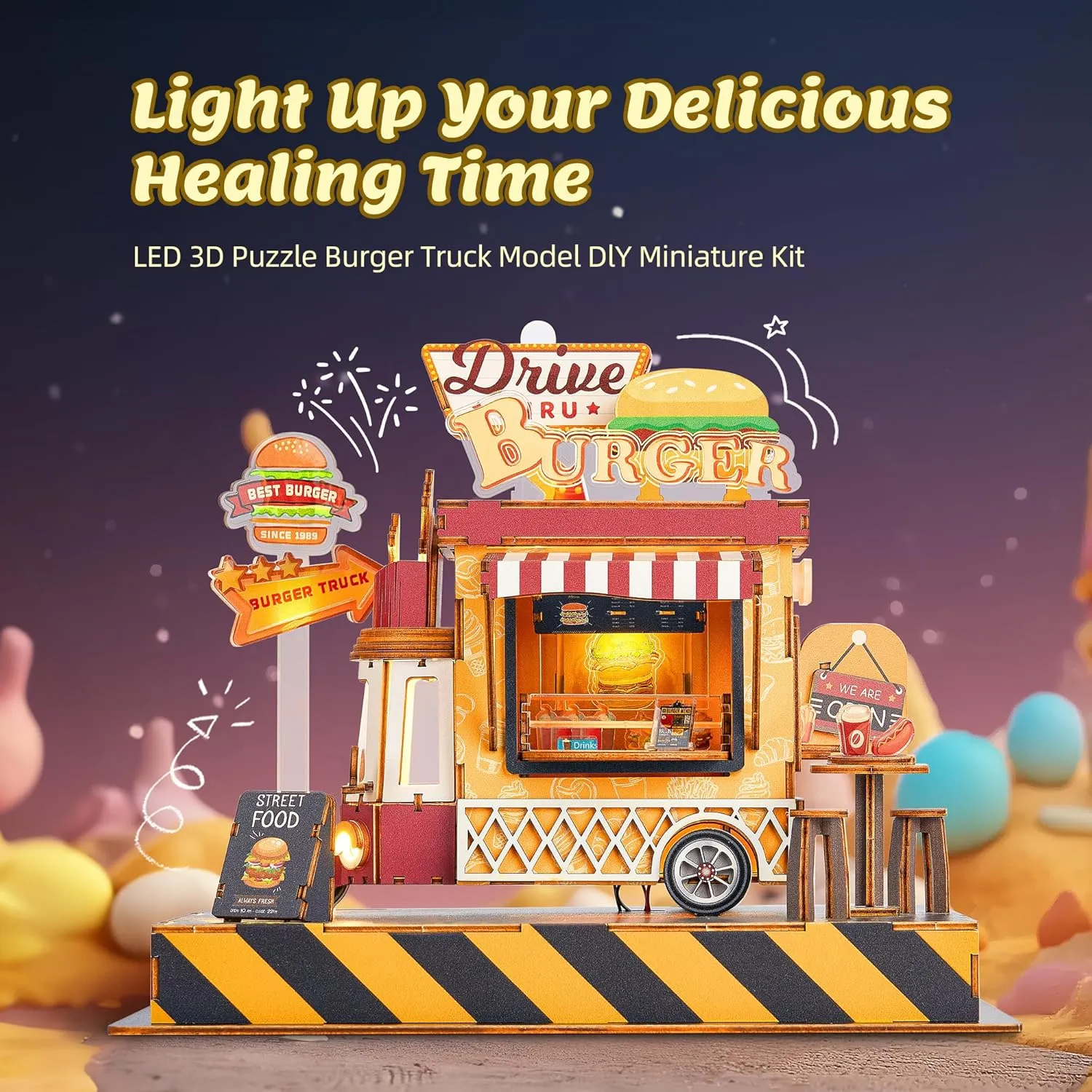 3D Wood Puzzle Burger Truck Model - DIY Miniature Food Truck Dollhouse Vehicle Craft Kit with LED Lights - Perfect Creative Gift for Kids and Adults(Burger Truck)